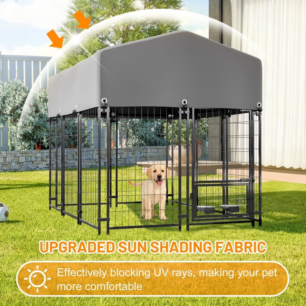 Dog Kennel Outdoor with Roof 4.23x5.82x4.83 FT Heavy Duty Welded Wire Dog Crate with Waterproof UV Resistant Cover Double Lock and Rotating Feeder Grey