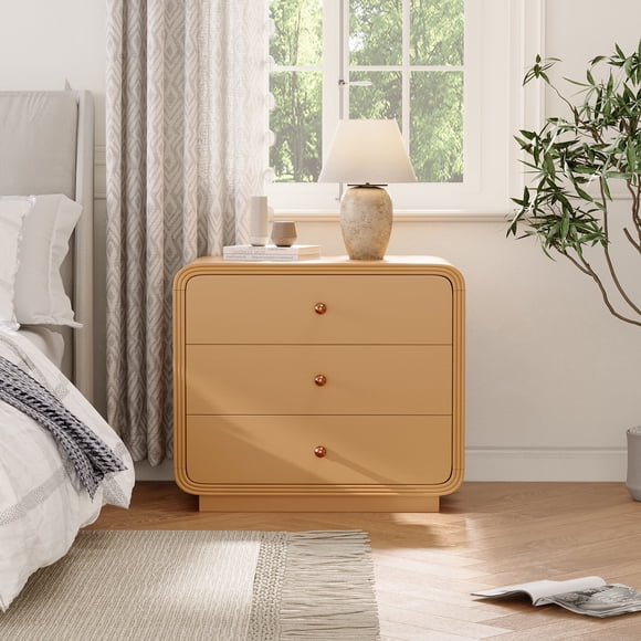 Noble House Modern 3-Drawer Nightstand, Curved-Edge Bedside Table with Thick Base,Natural