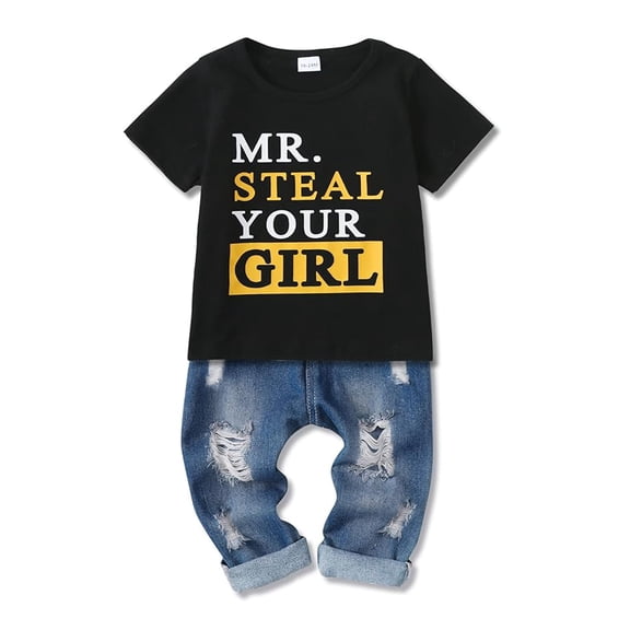 CARETOO Toddler Baby Boy Clothes Outfit Short Sleeve Letter T-shirt Ripped Jeans 2pcs Set Boy Suit