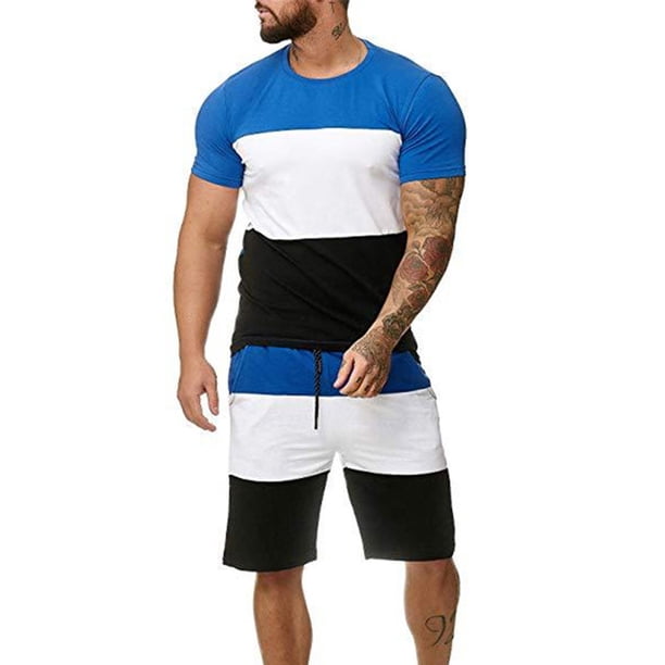 Txlixc Traje de hombre, camiseta de cuello redondo de manga corta + pantalones cortos de cintura de cuerda Txlixc moda
