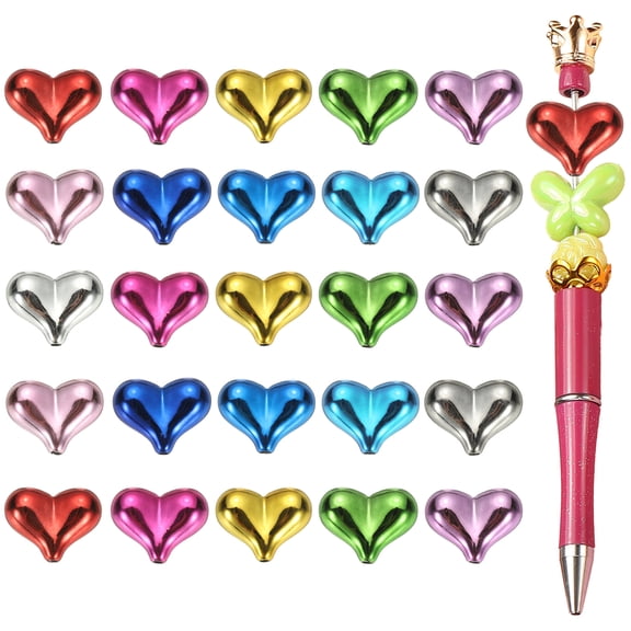 40pcs Beads for Pens, Colorful Heart Acrylic Pen Beads Colorful Beadable Loose Spacer Accessories Cute Charm for Pens Making Keychain Bracelets Necklace DIY