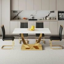 SUDICA Dining Table Set 63" White Faux Marble, Gold Metal Base, 5-Piece with 4 Black PU Chairs