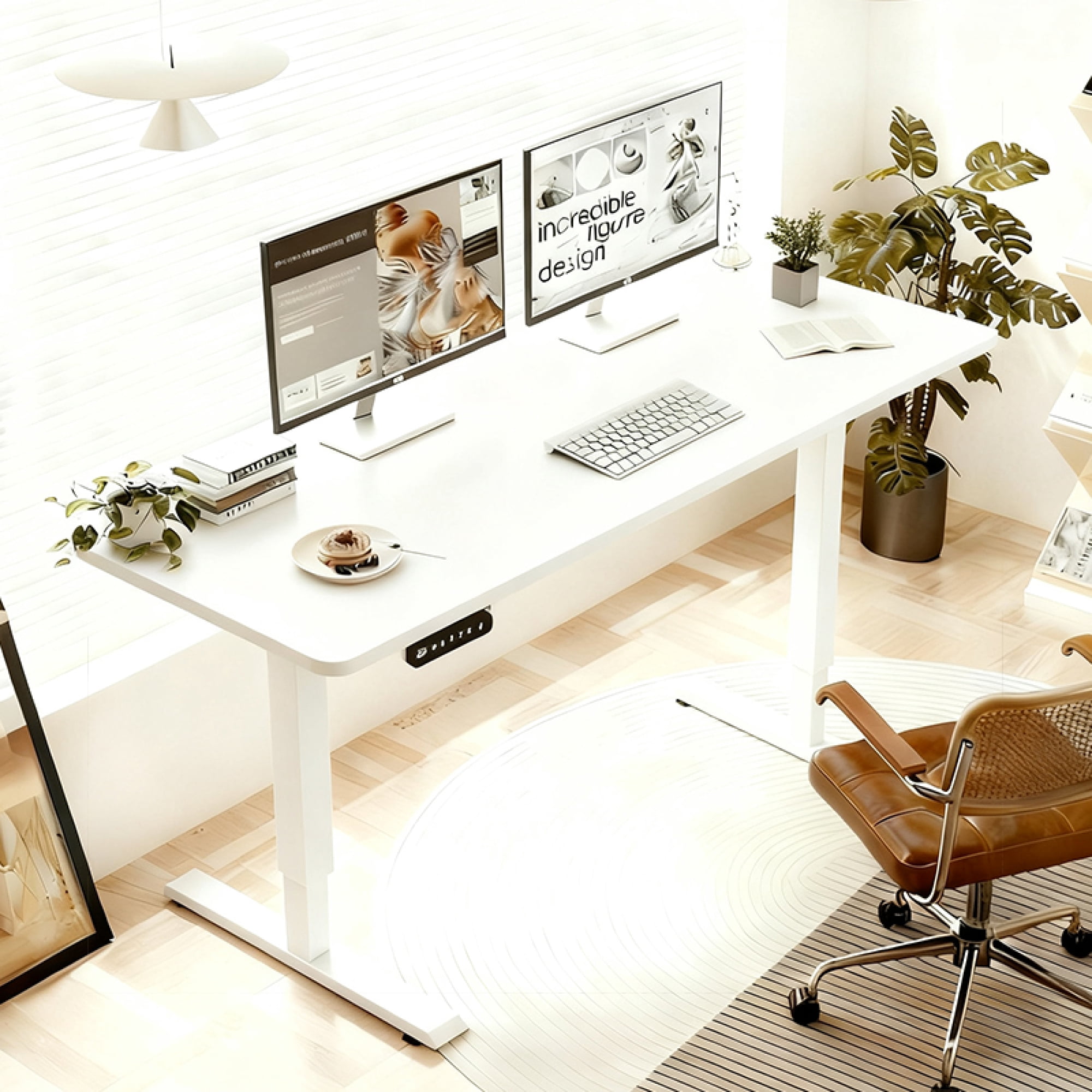 55"W Electric Standing Desk,Home Office Electric Height Adjustable Standing Desk Lifting Range 27~45" Computer Desk for Home Office,White