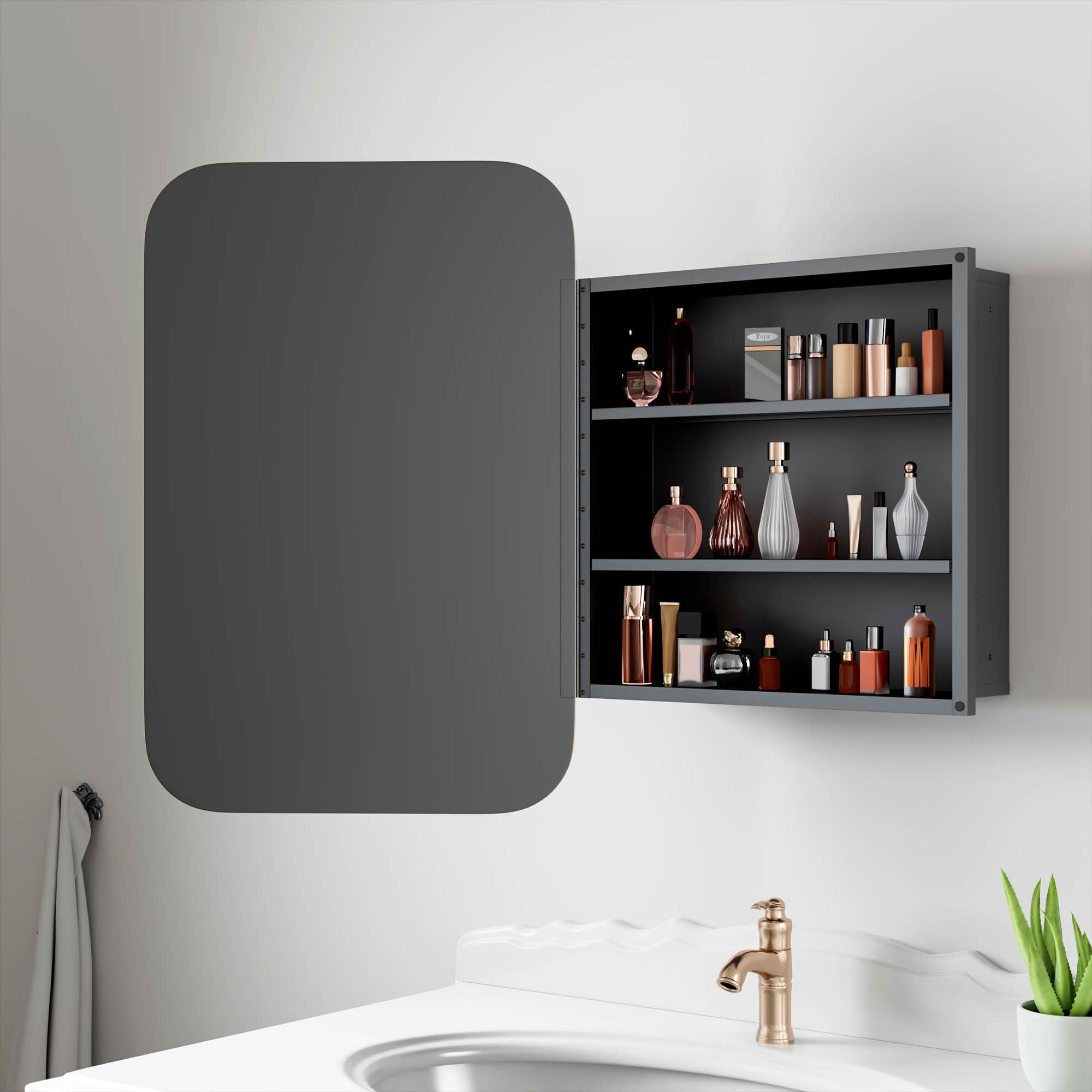 MAYEERTY 24x16x5 Inch Gold Metal Round Corner Rectangular Medicine Cabinet for Bathroom