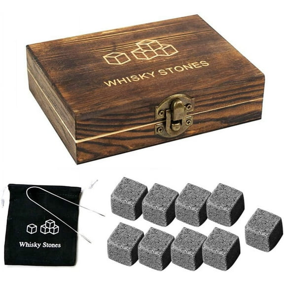 Miuline Whiskey Gift Sets for Men,9Pcs Whiskey Rocks Stones Natural Granite Whiskey Chilling Stones Ice Cubes Reusable with Wooden Box for Christmas Fathersﾂ Day Gifts