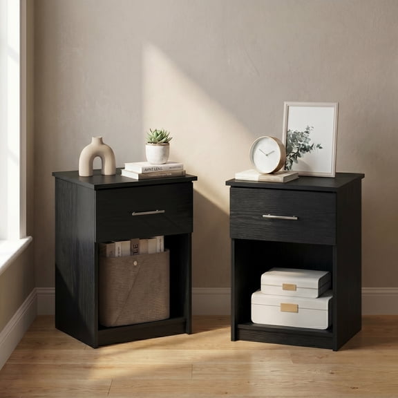 Furinno Tidur Nightstand with Handle with One Drawer, Set of 2, Americano