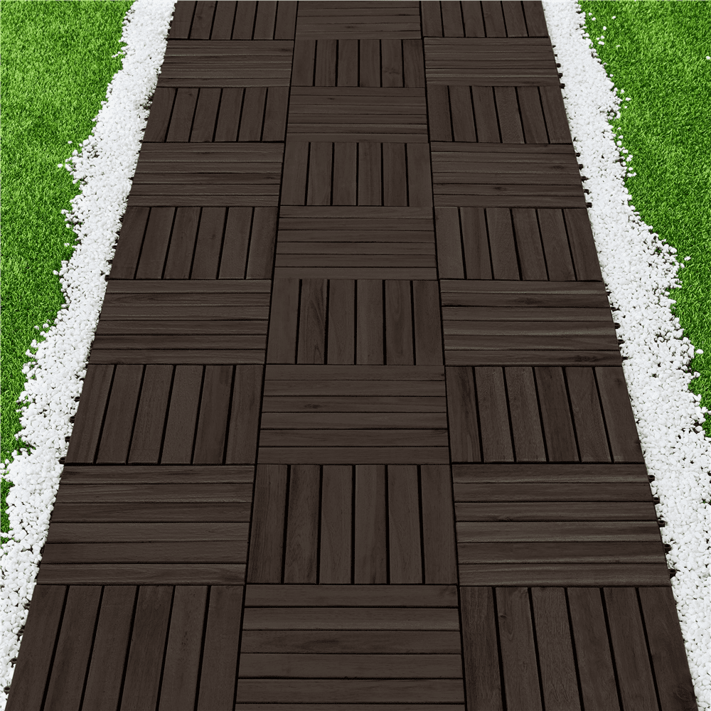 Renwick Wood Interlocking Flooring Tiles for Patio Garden Deck, Pack of 27, Black