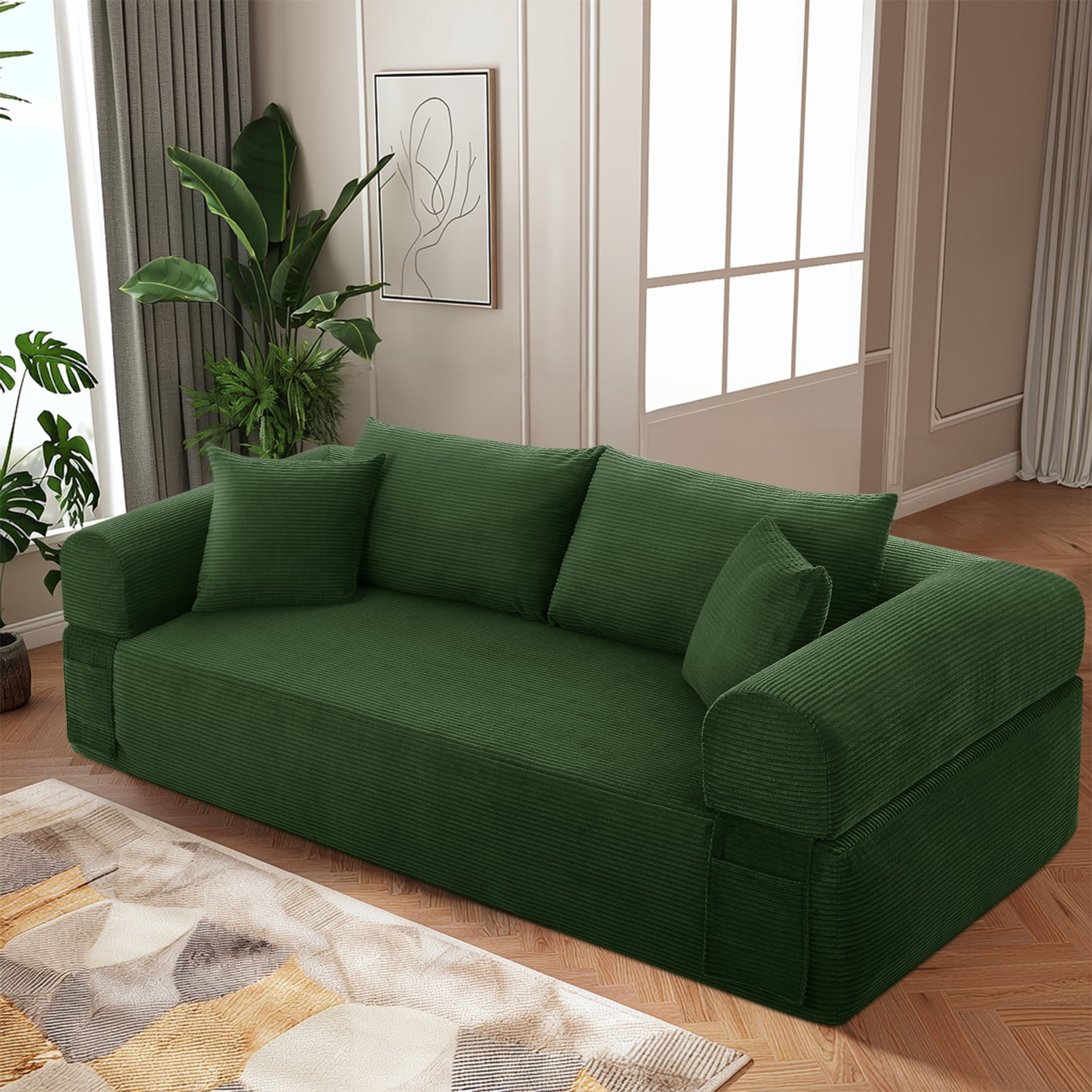83" Seater Sofa Bed Couch with 4 Furry Pillows & Corduroy Fabric, No Assembly Sofa in a Box, Boneless Couch with Side Storage Pockets for Living Room, Bedroom, Office