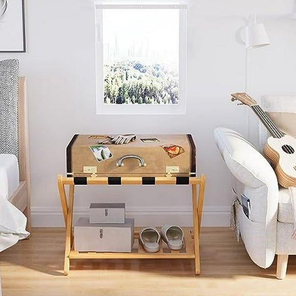 Suitcase Folding Luggage Rack Wooden Luggage Rack Quick Assembly Luggage Stand With Bottom Storage