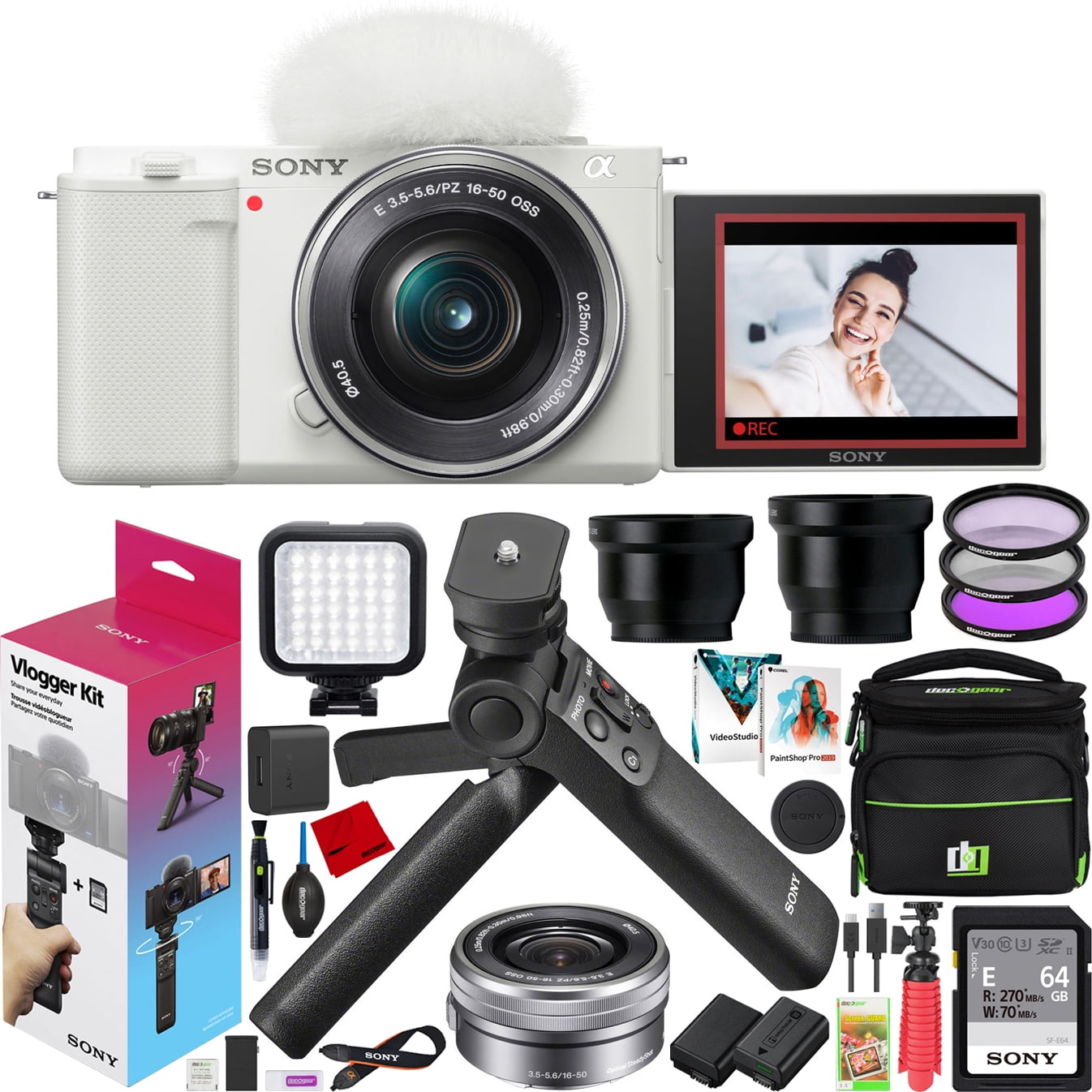  Sony ZV-E10 Mirrorless Alpha APS-C Interchangeable Lens Vlog  Camera Body ILCZV-E10/W White Bundle with Deco Gear Photography Case +  Photo Video Software + Compact Tripod & Accessories Kit : Electronics