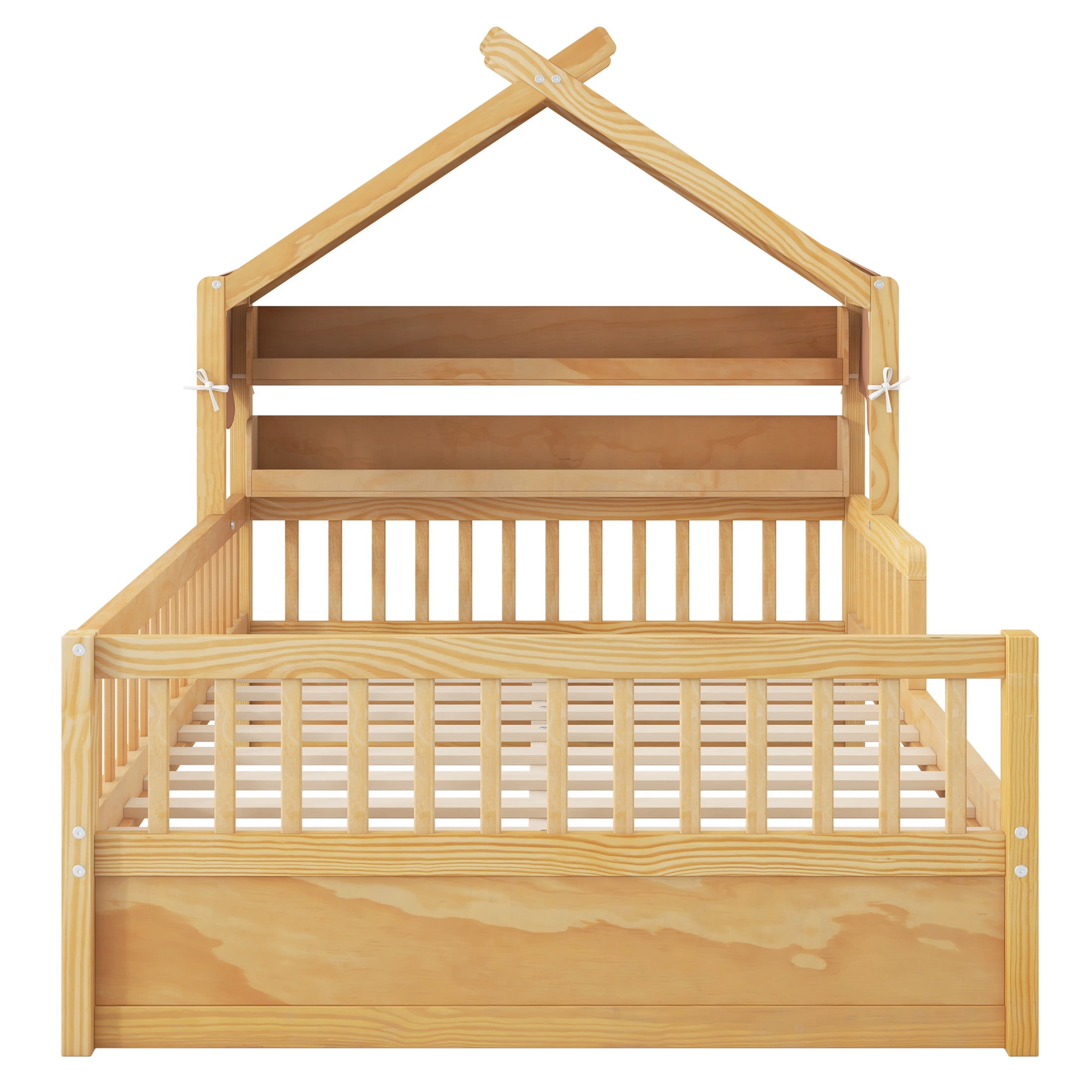 Noble House Twin Size Wooden House Bed with Storage Headboard Shelf and Fabric Canopy, Playful Kid Rooms, Natural