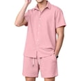 thumbnail image 2 of Men 2 Piece Outfit Solid Short Sleeve Button Shirt and Drawstring Shorts Summer Casual Set Pink L, 2 of 6