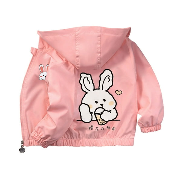 Girls Hooded Jacket Toddler Zip up Coat with Cartoon Rabbit Kids Lightweight Rain Jacket Cute Windbreaker Outerwear Raincoat