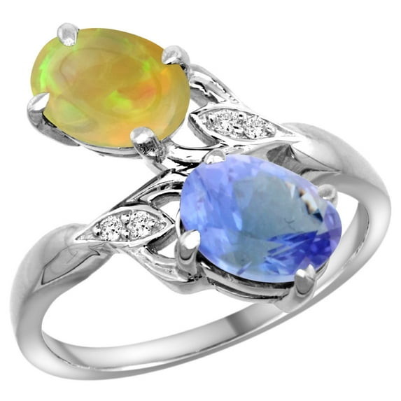 14k White Gold Diamond Natural Tanzanite & Ethiopian HQ Opal 2-stone Ring Oval 8x6mm, size 8