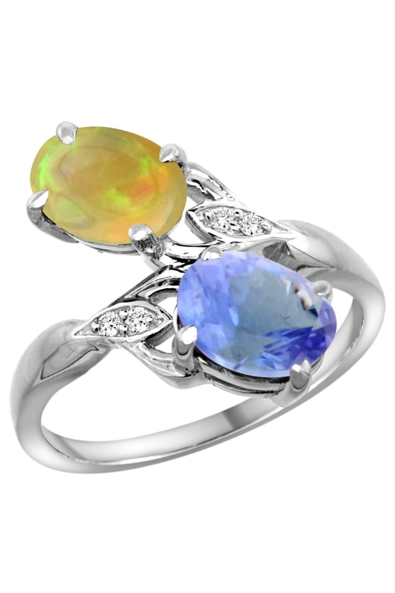 14k White Gold Diamond Natural Tanzanite & Ethiopian HQ Opal 2-stone Ring Oval 8x6mm, size 7