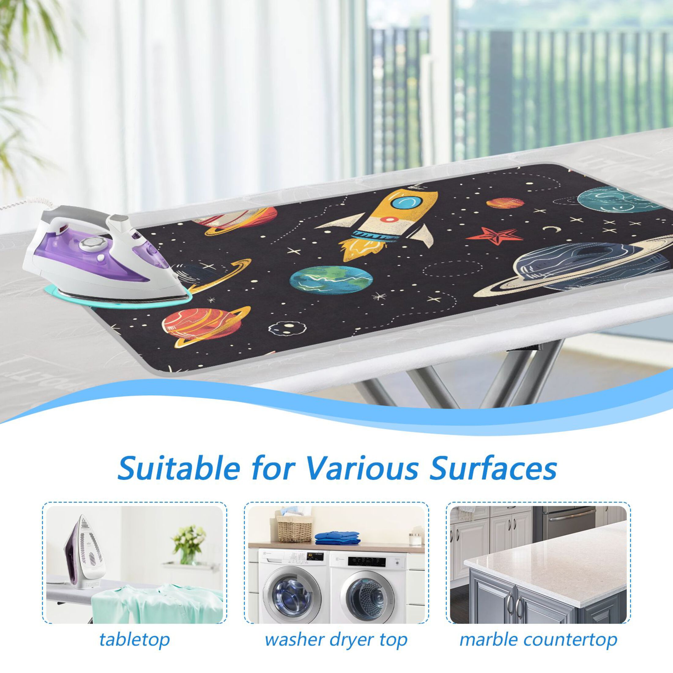 Moon Stars Planets Galaxy Ironing Mat Blanket Portable Travel Ironing Pad Heat Resistant Pad 47.2" x 27.6”