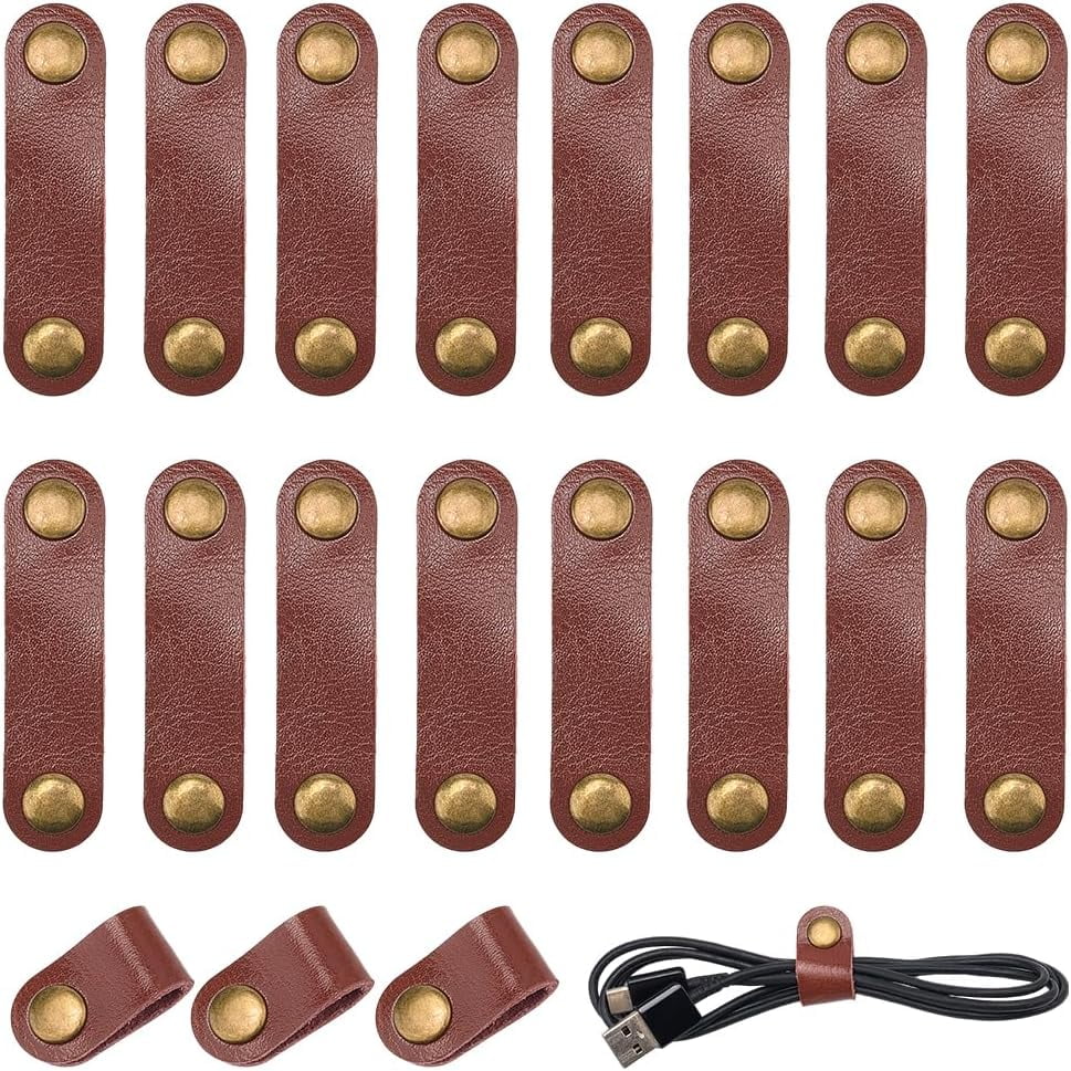 30Pcs Cowhide Leather Cord Organizers Cable Wire Management Wrap with Alloy Snap Button Oval Saddle Brown 62x16x6mm Craft Supplies