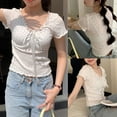 thumbnail image 5 of BUYISI Sweet Hot Girl Ruffled Lace-up Floral Slim Fit Short-sleeved T-shirt White S, 5 of 6