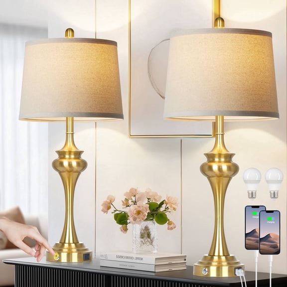 Cinkeda 30" Tall Table Lamps Set of 2, Gold Industrial Design with 3-Way Touch Dimming & USB/Type-C Ports for Bedroom Living Room