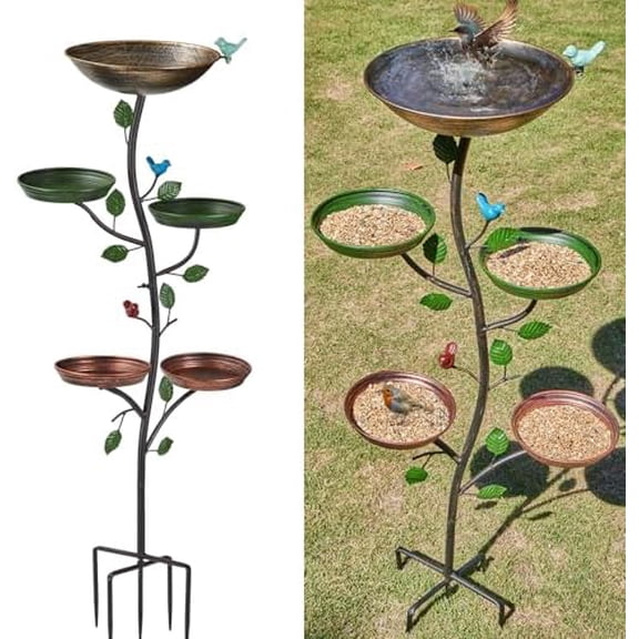 44.5" H Bird Baths for Outdoors with Metal Stakes, Standing Bird Baths with 4 Metal Bird Feeder Trays, for Garden Yard Decor