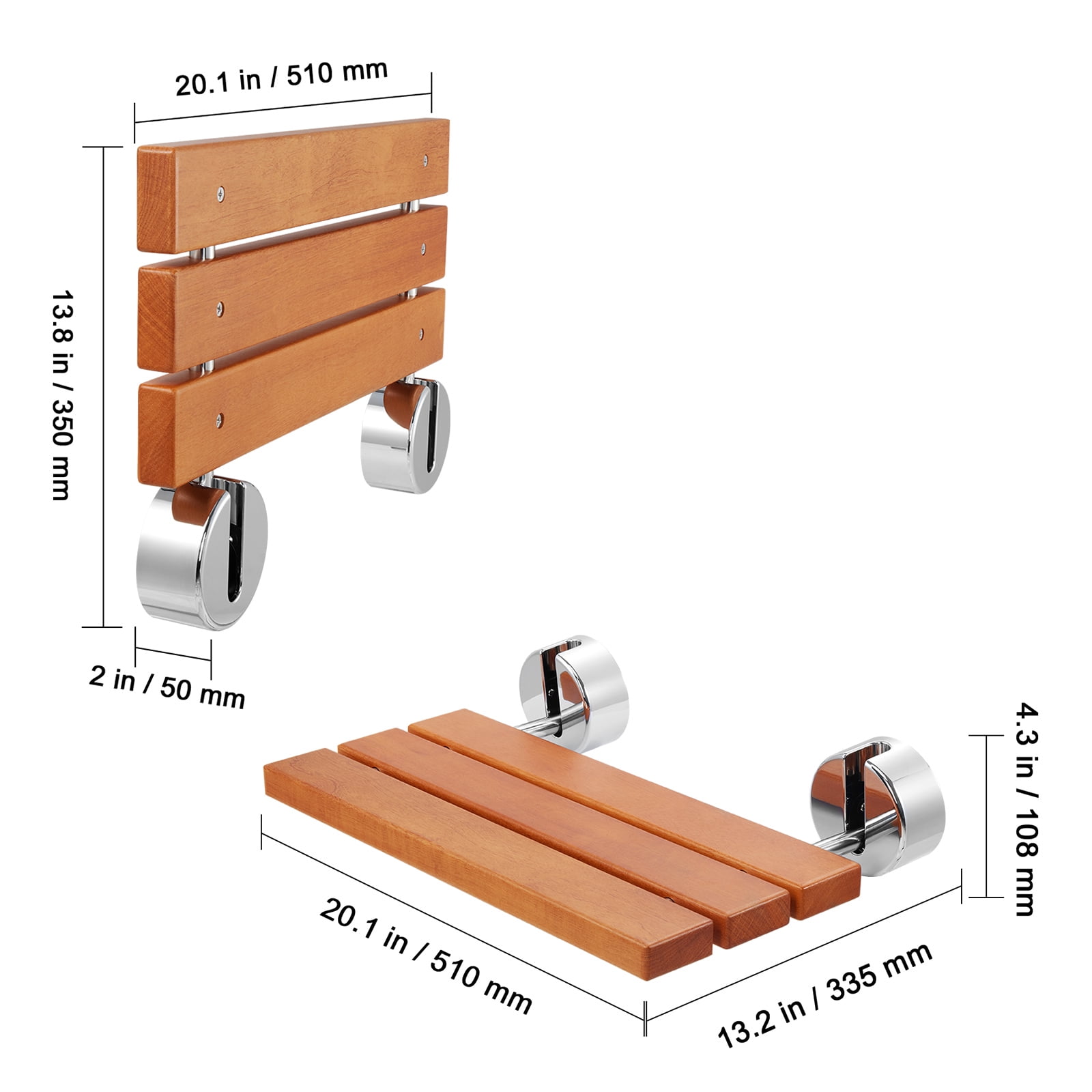 VEVOR Folding Teak Shower Seat, 20.1" x 13.2" Unfolded, Wall Mounted Fold Up Shower Bench with 440 lbs Load Capacity, Space Saving Home Care Fold Down Shower Chair, for Seniors Pregnant Women