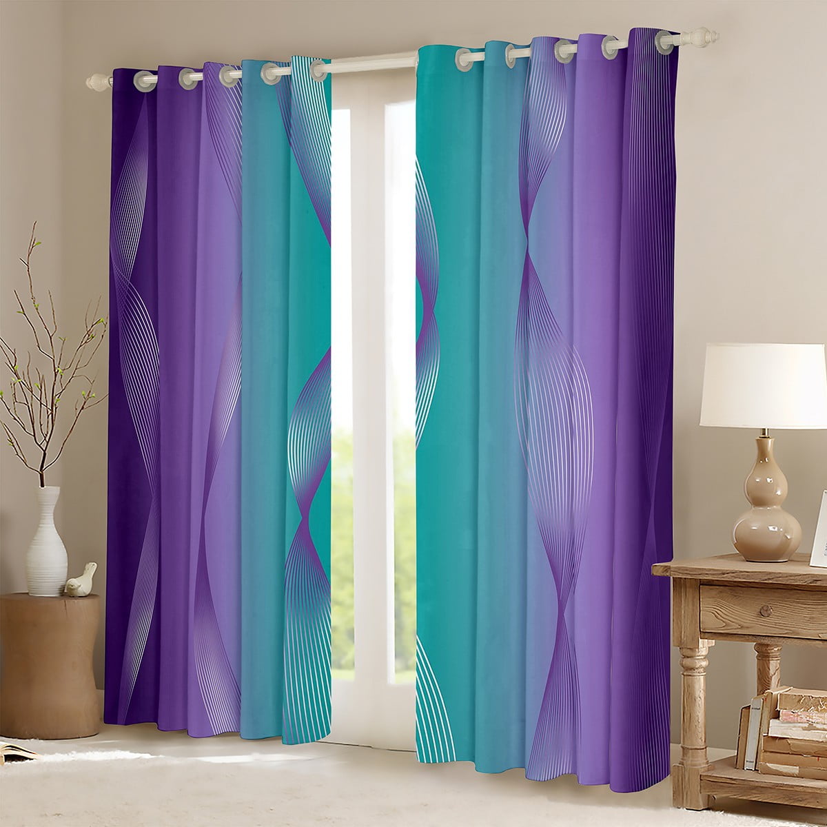 Gradient Teal and Purple Blackout Curtains Ombre Curtains & Drapes,Spiral Silver Print Wave Striped Pattern 2 Panels 42"Wx63"L Curtains,Abstract Art Room Decor Aesthetic