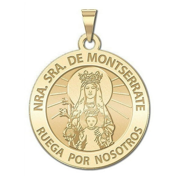Our Lady of Montserrat Religious (Spanish) Medal  - 2/3 Inch Size of Dime, Solid 14K Yellow Gold