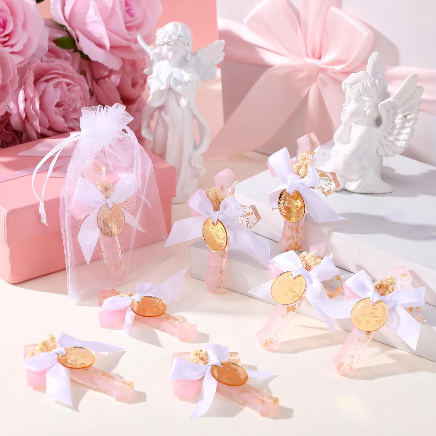 24 Pcs Baptism Favors for Guests Epoxy Cross Fridge Magnets First Communion Cross with Flower Christian Souvenirs Gift for Baptism Christening Baby Shower Party Family Gathering (Pink)