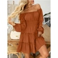thumbnail image 5 of Fancyglim Dress for Women Long Sleeve Square Neck Short Dress Tiered Ruffle A-Line Flowy Mini Dresses with Pockets Brown L, 5 of 7