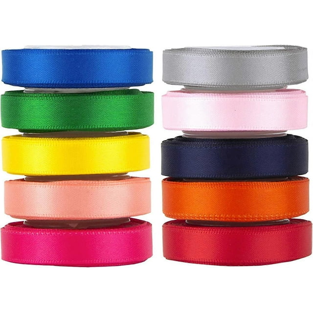 Solid Color Double Sided Polyester Satin Ribbon 10 Colors 3/8" X 5 Yard Each Total 50 Yds Per Package Ribbon Set, Perfect for Gift Wrapping, Hair Bow