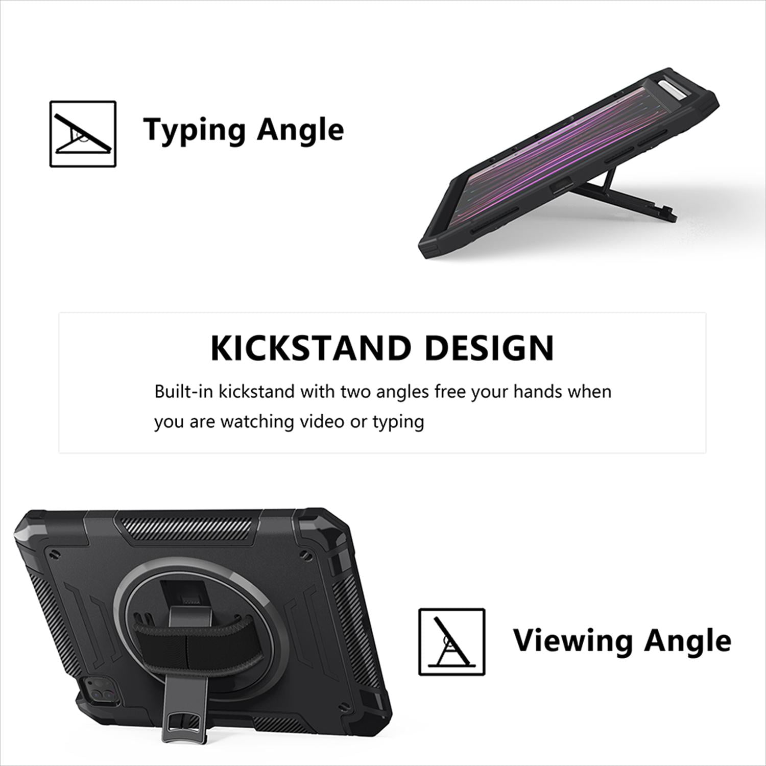 Shockproof Case for Apple iPad Pro 11 Inch 2024 M4, with Pencil Holder Military Grade Protection Rotating Stand Hand Strap Shoulder Strap Bumper Rugged Case for iPad Pro 11" 2024, Black
