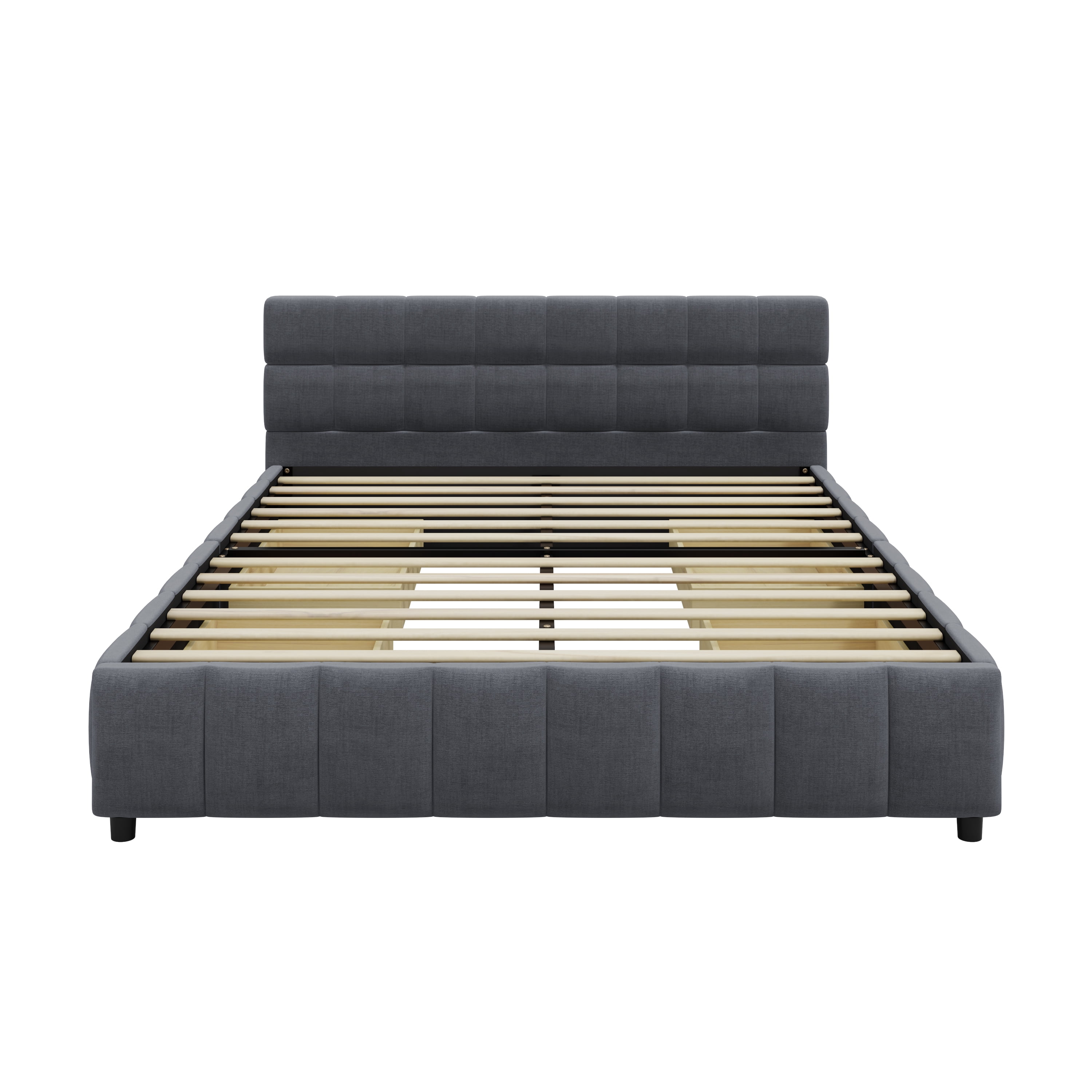 GARITIN Queen Upholstered Platform Bed Frame 86.6 Inch, Bed Frame with 4 Storage Drawers and Block Grid Tufted Headboard, Gray