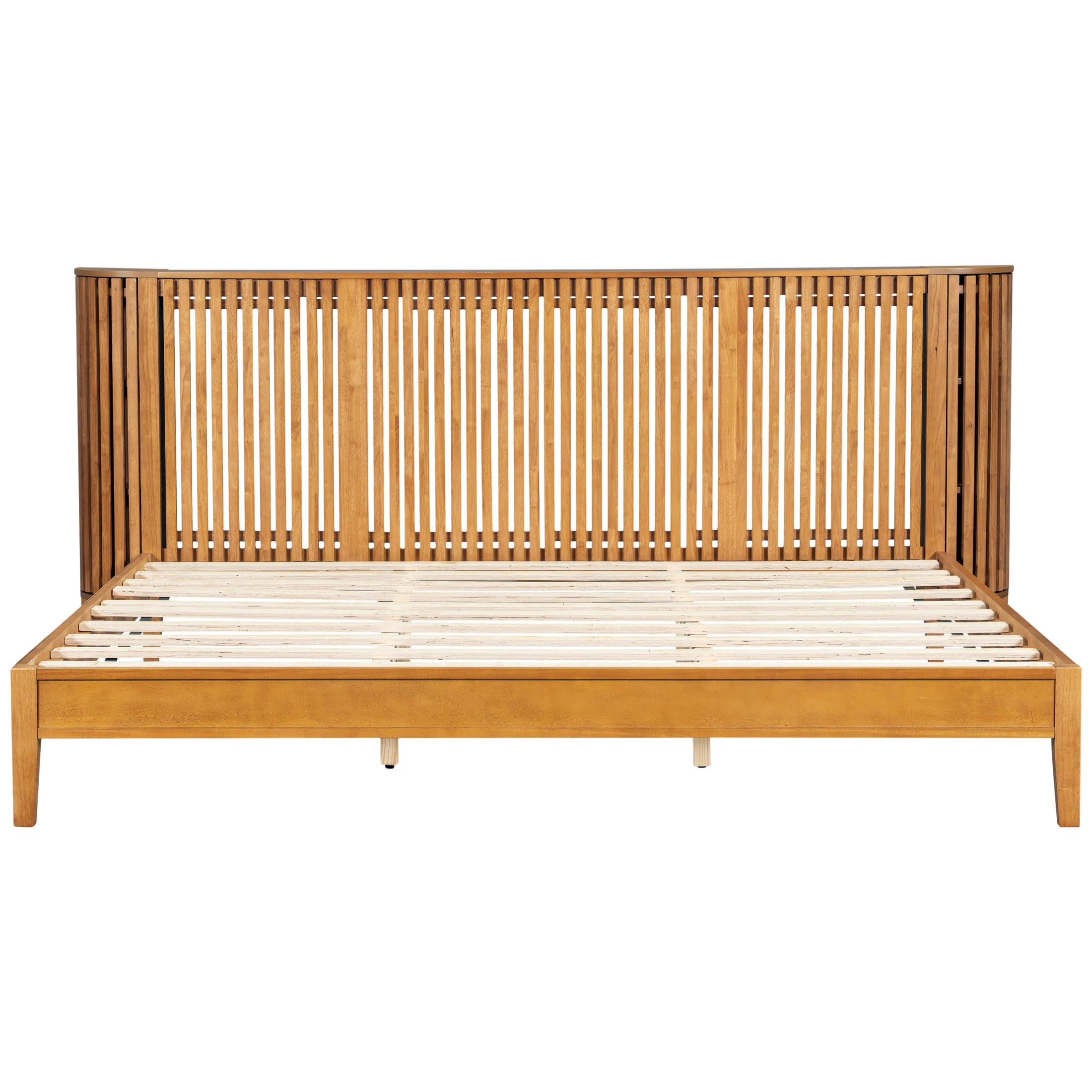 Christopher Knight Home King Size Pine Wood Bed Frame with Slat Headboard and Side Storage Cabinets, Natural