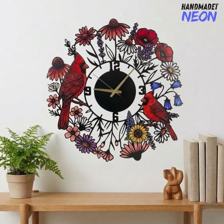 Handmadetneonsign Wildflower Metal Wall Clock, Cardinal Bird Wall Art, Home Garden Decor