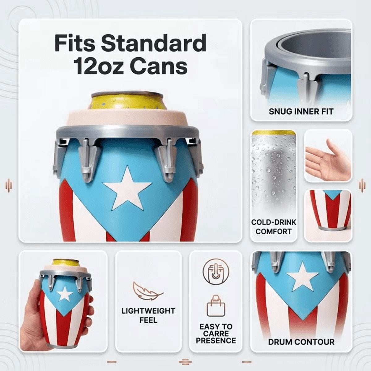 Caribbean Themed Conga-Style Can Holder, Puerto Rican & Cuban Flag Insulated Can Sleeve, Sturdy 12oz Beverage Holder Ideal Holiday Gift A