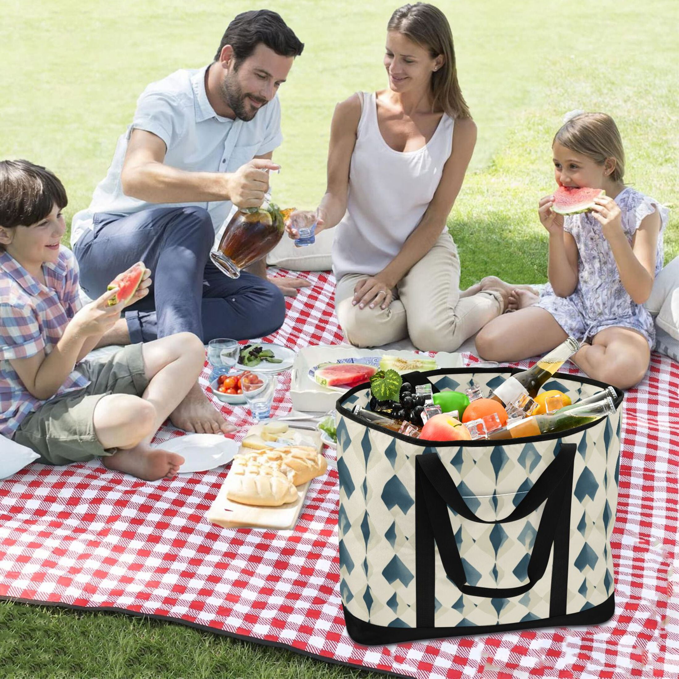 Large Hand-held Ice Pack Picnic Bag Insulation and Refrigeration Suitable for Shopping Picnics and Camping Super Cute Blue Squares