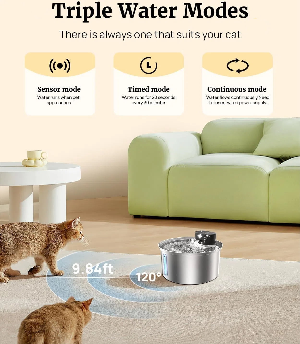 Wireless Cat Water Fountain, Stainless Steel 108OZ/3.2L Cordless Automatic Sensory Cat Water Fountain, Battery Operated Pet Water Fountain Rechargeable Water Dispenser with 4 Filters for Cats Dogs