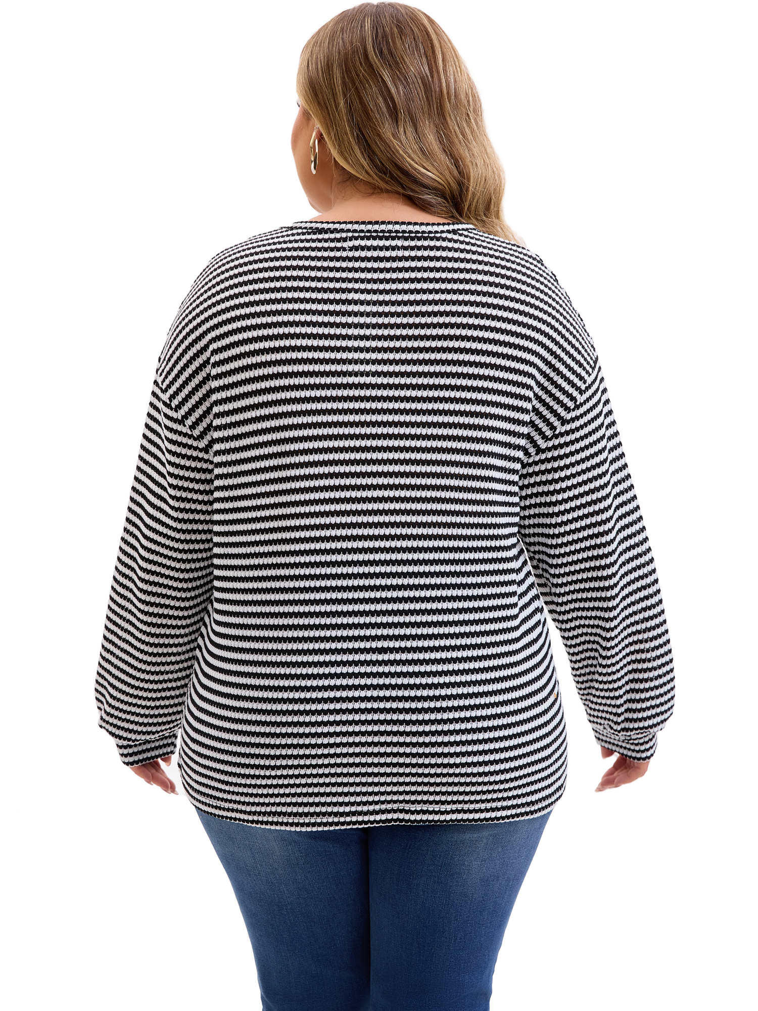 DARING DIVA Women's Plus Striped Crew Neck Long Sleeve Blouse 4X Black