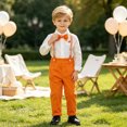 thumbnail image 5 of QTBIUQ Toddler Boys Three-Piece Suit Set Cotton Turn-Down Collar Shirt and Suspender Pants Formal Outfit Set with Bow Tie, 5 of 9