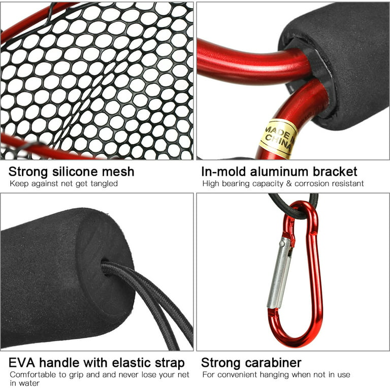 Arealer Fishing Net Soft Silicone Fish Landing Net Aluminium Alloy Pole EVA  Handle with Elastic Strap and Carabiner Fishing Nets Tools Accessories for