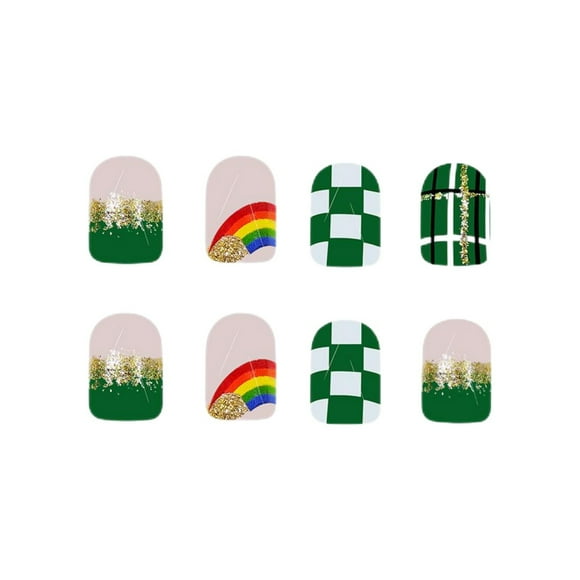 asddcavvf Short Glossy Square Nails St. Patrick's Day Rainbow Design 24 Wearable Nails