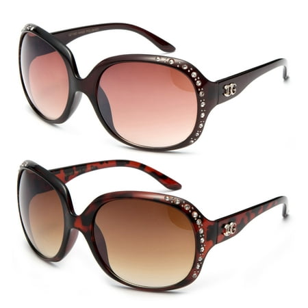 2 Pairs Newbee Fashion - Rhinestone Womens Plastic Fashion Sunglasses, Brown and Tortoise