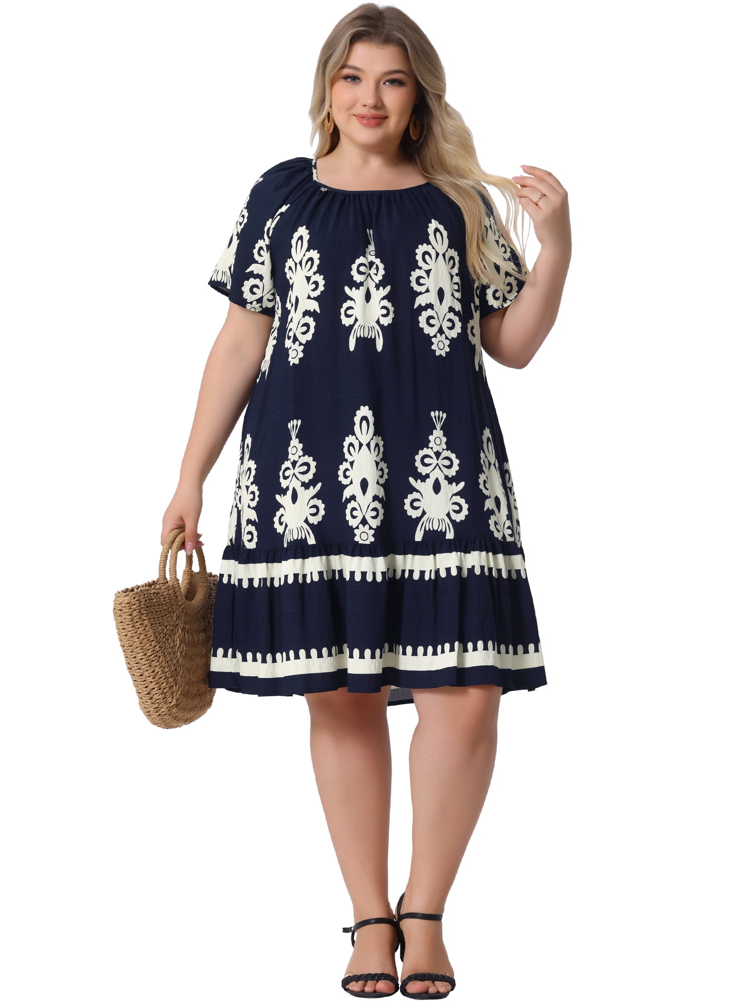 DARING DIVA Plus Size Summer Boho Short Sleeve Flared Midi Dress 4X Blue