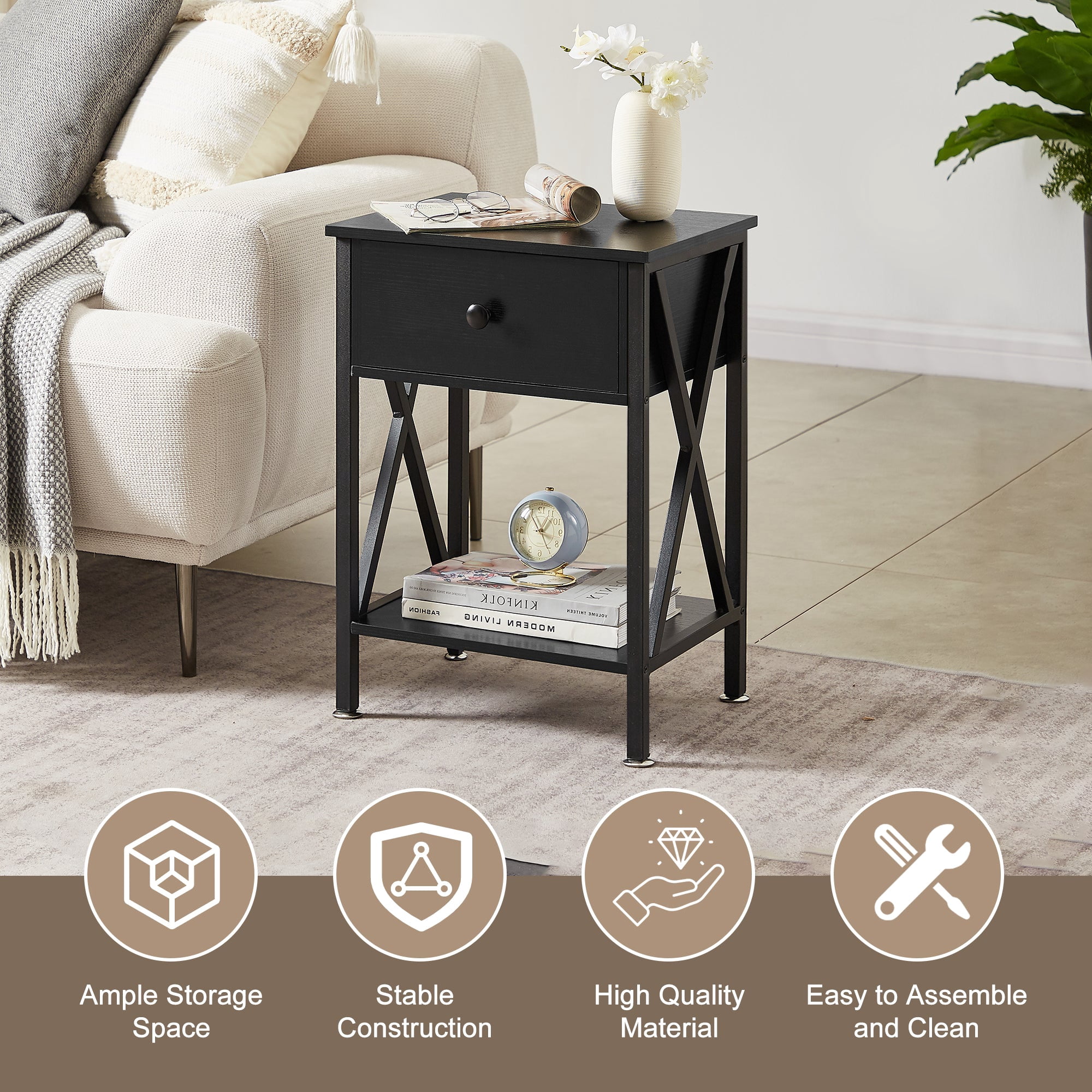VECELO Nightstands Set of 2, Industrial End Table with 1-Drawer & Storage Shelf, Small Bedside Table Organizer for Small Space, Side Table for Bedroom Living Room, Black