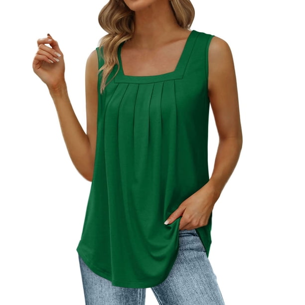 Playeras,Blusas y Tops,Ropa para Mujer Tank Tops Mujer Chaleco de verano Suelto plisado Cuello cuadrado Top sin mangas Dobladillo curvo Suelto Top de mujer de tamaño (Green, S)
