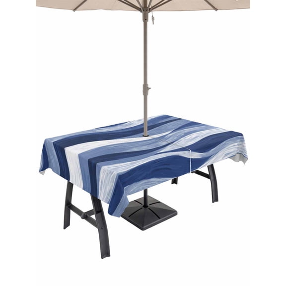 Outdoor Tablecloths with Umbrella Hole & Zipper, Navy Blue Ombre Tablecloth Rectangle 60x84 Inch, Modern Moire Abstract Art Aesthetics Waterproof Table Cloth, Patio/Pool/Picnic Table Covers