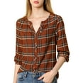 thumbnail image 1 of INSPIRE CHIC Women's  Plaid Button up Split Neck Long Sleeves Loose Blouse XS Brown, 1 of 7