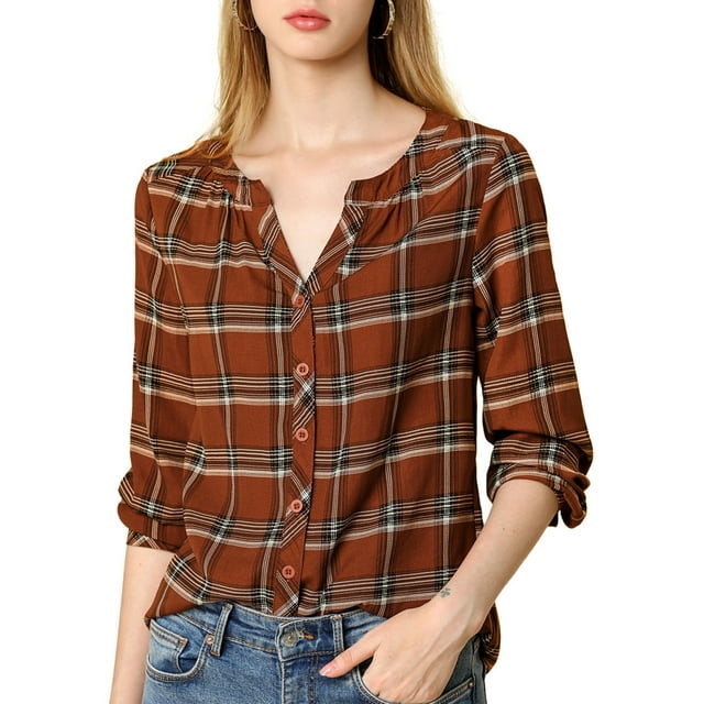 INSPIRE CHIC Women's Plaid Button up Split Neck Long Sleeves Loose Blouse XS Brown