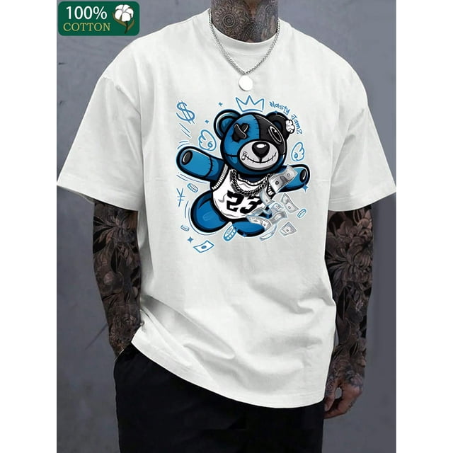 Bear and Money Fly graphic print, boutique 220g thickened cotton T-shirt, men's fashion casual cotton T-shirt, short-sleeved crewneck T-shirt Tee For Adult, Men, Women, Teen, Teenager, Adolescent, Yo