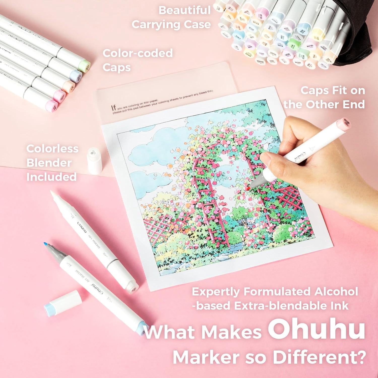 Ohuhu 48 Pastel Alcohol Markers with 1 Blender and Case, Brush & Fine Dual Tips for Illustration-Sweetness
